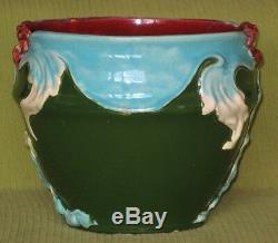 Ancien Grand Cache Pot céramique Art Nouveau majolique fleur pivoine Barbotine