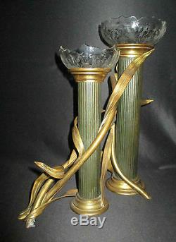 Ancien bougeoir soliflore bronze cristal taillé Nancy Art Nouveau fin XIX ème