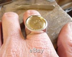 Chevalière argent ronde avec pièce de 10 Francs or Napoléon tête non laurée