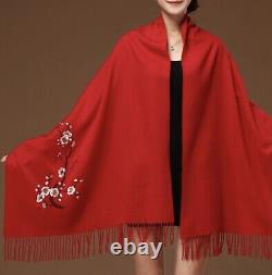 Echarpe-Châle-Foulard Femme, 100% Cachemire Rouge Brodé Floral, Idée Cadeau, ModeFR