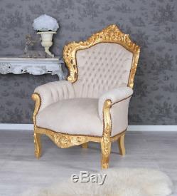 Fauteuil Shabby Chic France Chaise Vintage Beige Rococo Style trone bois dore