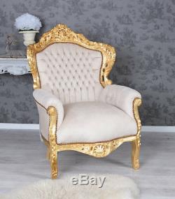Fauteuil Shabby Chic France Chaise Vintage Beige Rococo Style trone bois dore