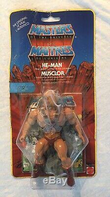 MOTU HE MAN MUSCLOR 1983 Vintage Yellow Border MOC MADE IN FRANCE EURO