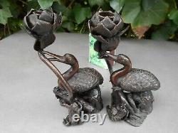 Superbe paire de bougeoirs ART NOUVEAU en bronze à décor animalier et floral