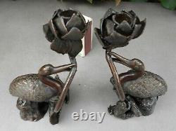 Superbe paire de bougeoirs ART NOUVEAU en bronze à décor animalier et floral